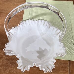 White Ruffled Glass Basket with Clear Handle